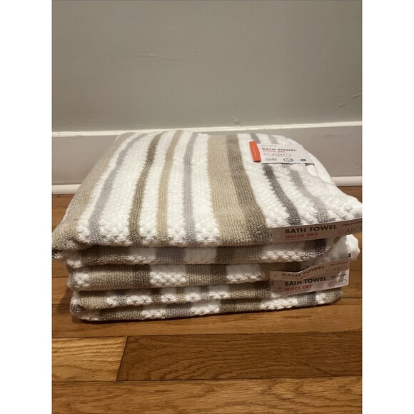Caro Home Bath Towel Set Of 3 -White Gray Tan Stripe Plush - Quick Dry- NEW - Picture 2 of 5